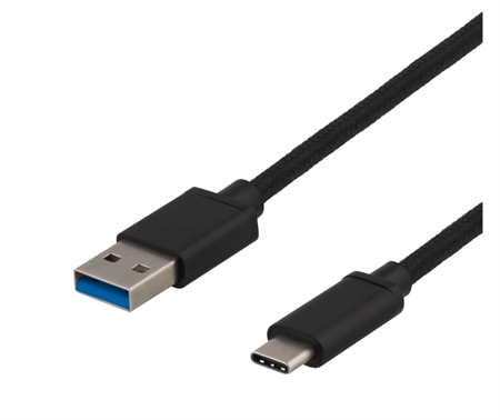 Deltaco USB-A - USB-C tygbeklädd kabel, 1m, 60W 3A, svart